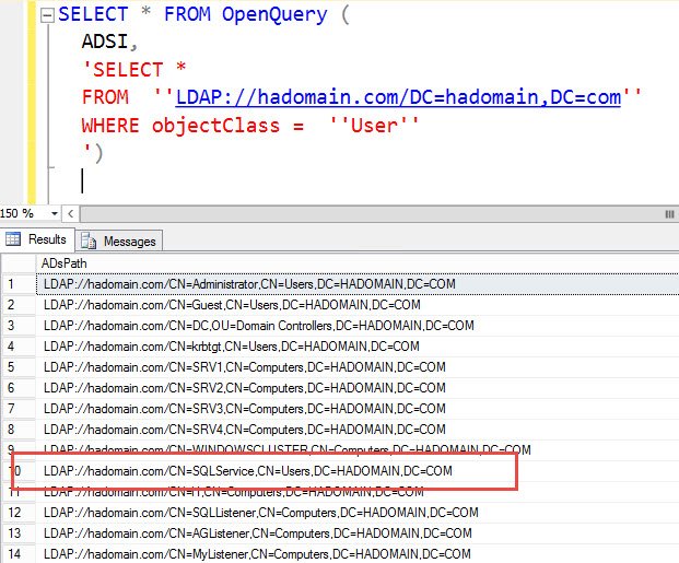 SQL query for ADSI LDAP linked server.