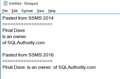 Notepad window for SSMS 2016.
