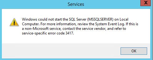Could not start SQL Server error dialog.