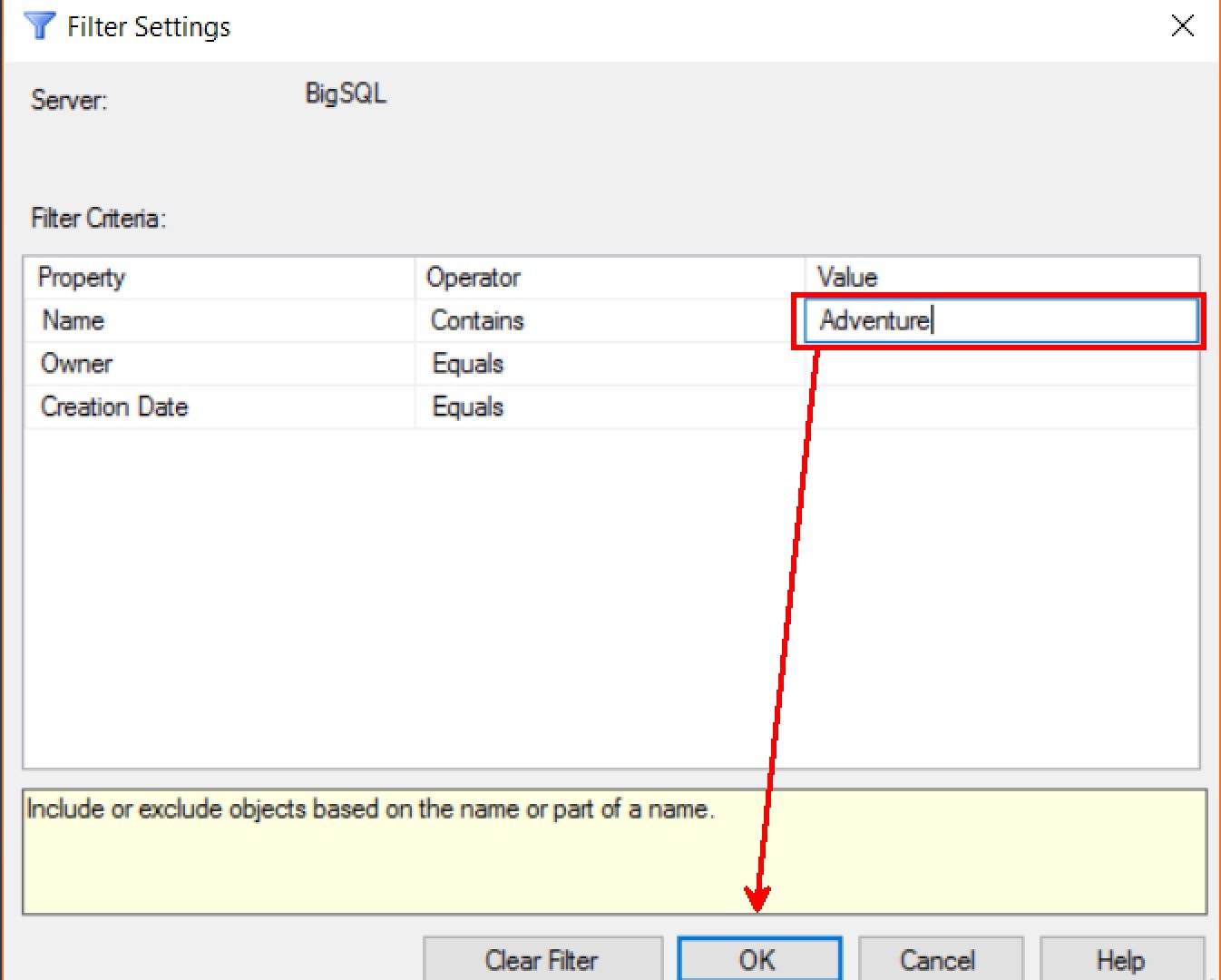 SQL filter settings.