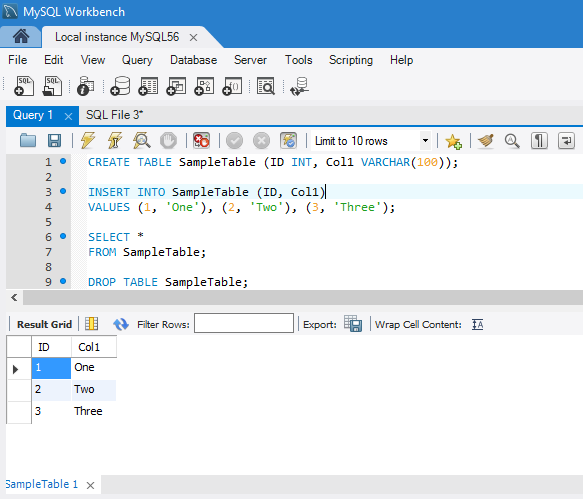 Original MySQL Workbench complete insert script and three matching rows
