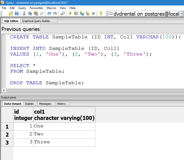Original PostgreSQL complete insert script and three matching rows