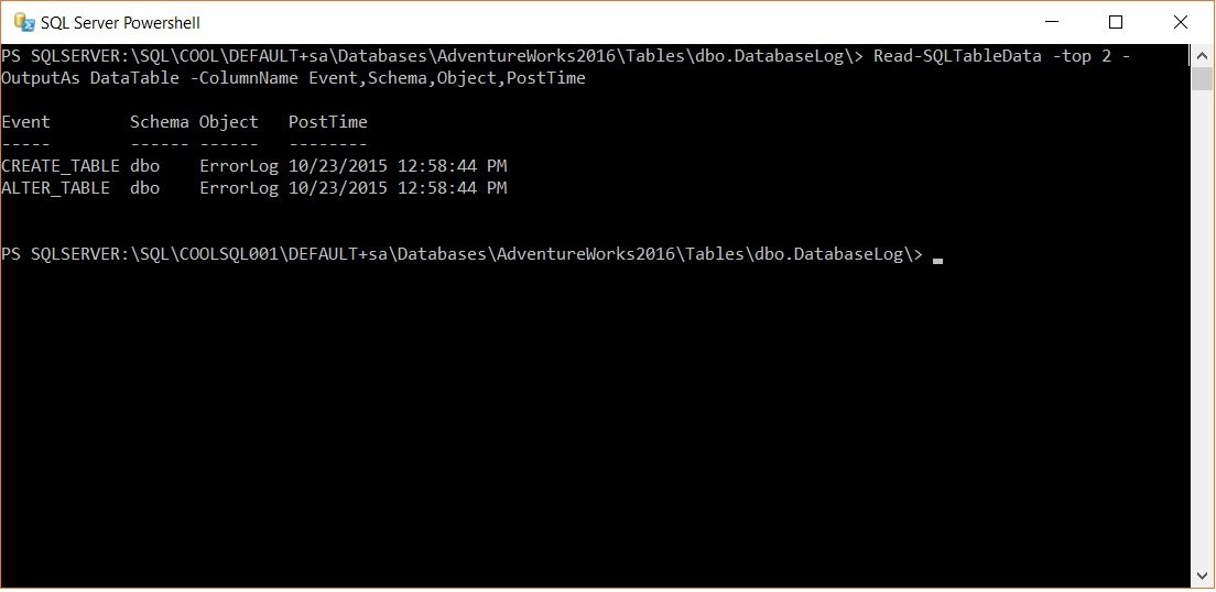 SQL server powershell output window.