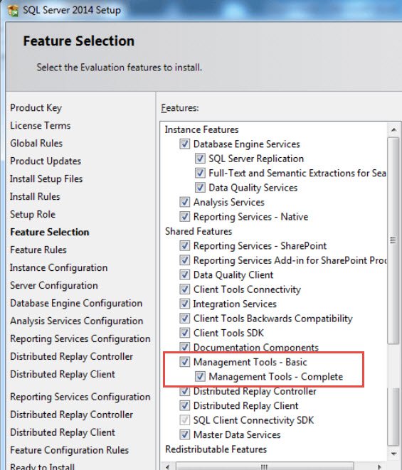 Feature Selection - SQL Server 2014 Setup.