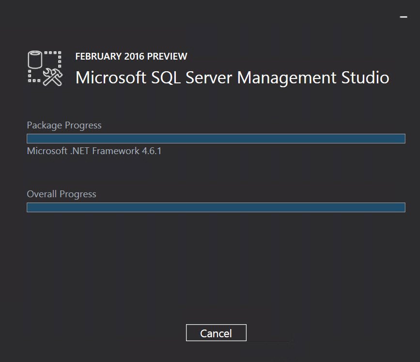 SQL Server Management Studio installation progress screen.