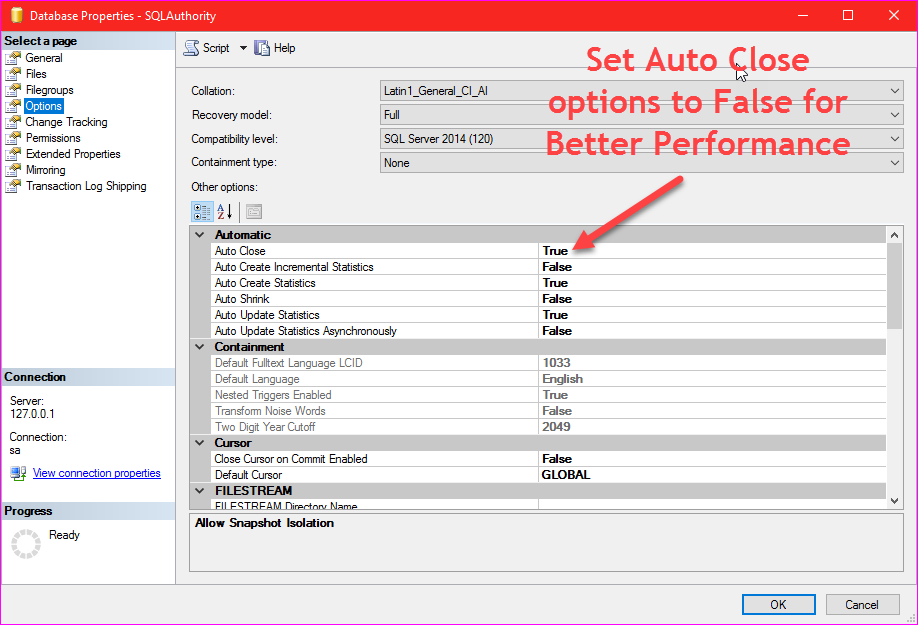 Set Auto Close database option.