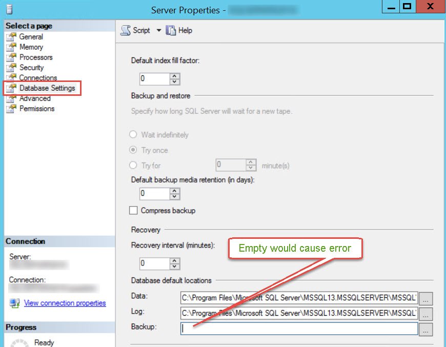 Database Settings window.