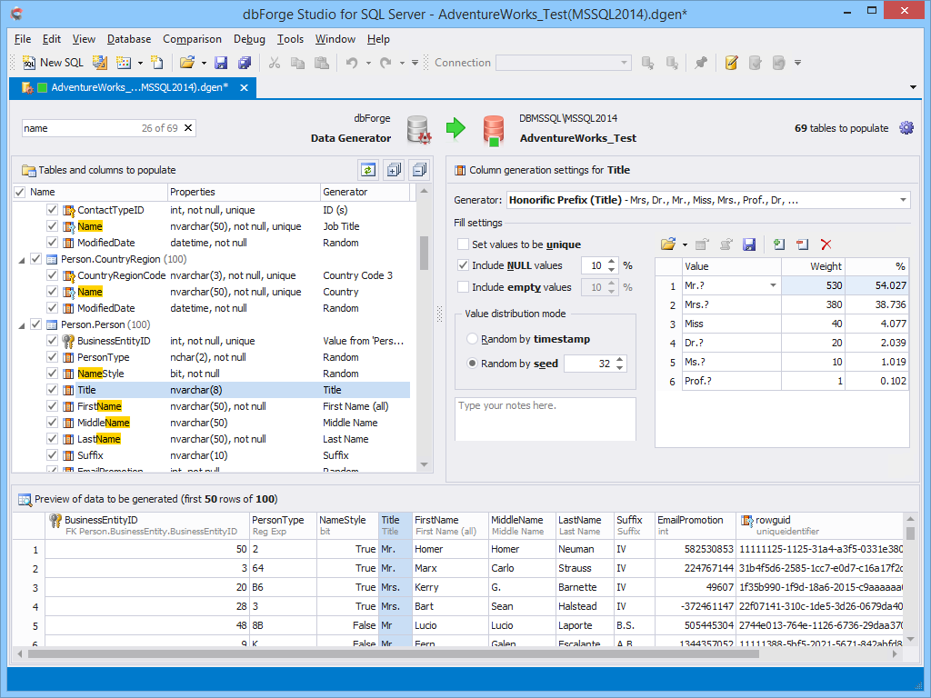 Database generator tool window.