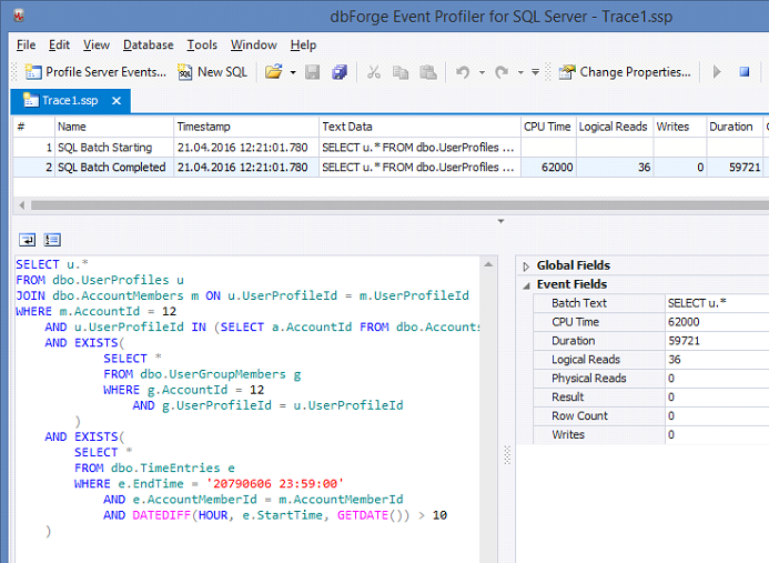 SQL Profiler window.
