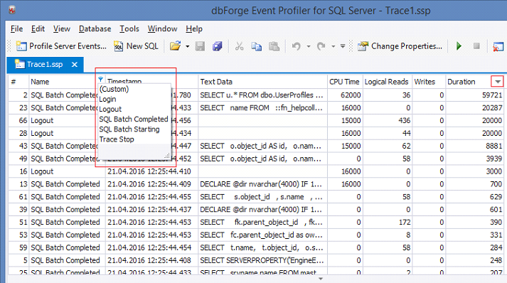 SQL Profiler trace display.