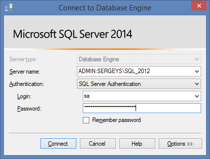 SQL Server 2014 Authentication Window.