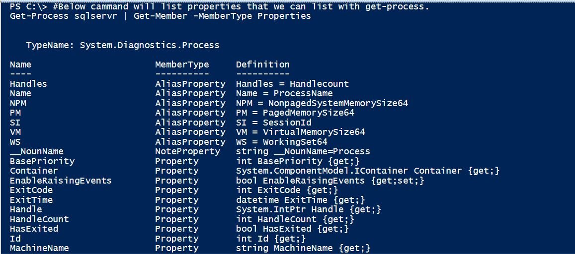 SQL Server' tab displaying 'Get-Process.