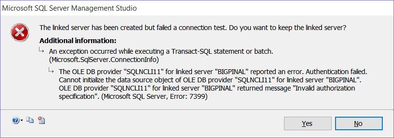 SQL Server Management Studio error window.