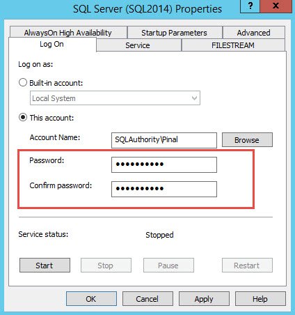 SQL Server 2014 Password dialog.