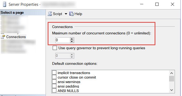 SQL Server connection settings.