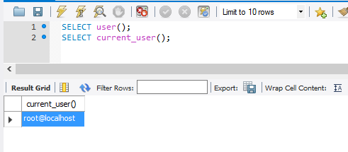 Result Grid displaying 'SELECT user()' query results.
