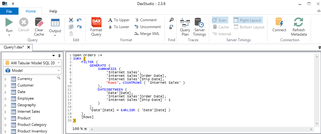 DAX Studio Query Window.