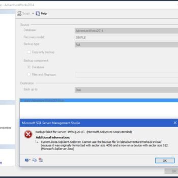 SQL Management Studio error dialog box.