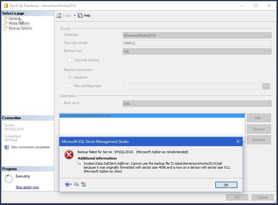 SQL Management Studio error dialog box.