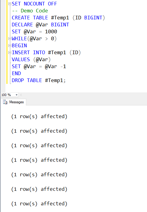 SQL Server SET NOCOUNT Off Dialog.
