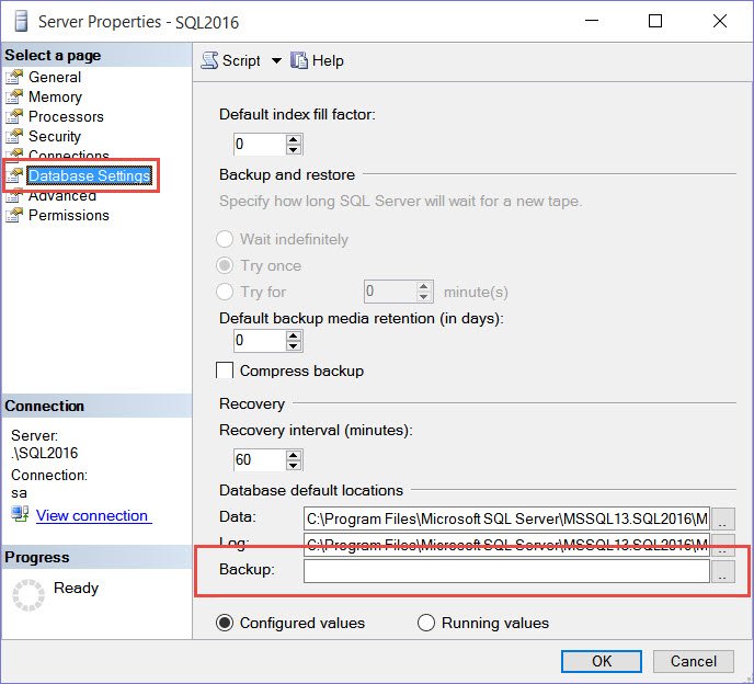 Sql server backup settings.