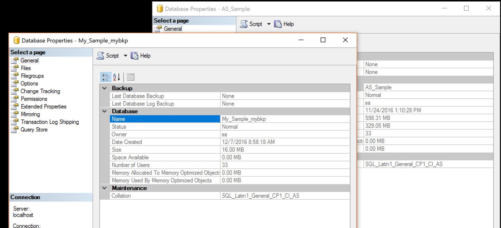 Database properties page.