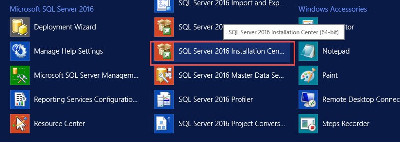 SQL Server 2016 Installation Center.