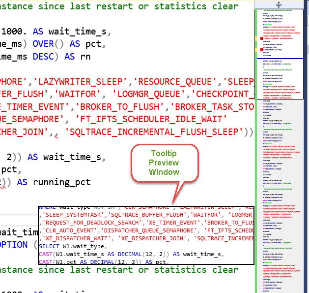 SQL Server Management Studio 2016 tooltip preview window.