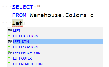 Code completion dropdown in SQL Server Management Studio.