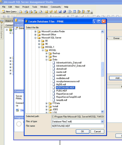 File selection dialog for Microsoft SQL Server Management Studio.