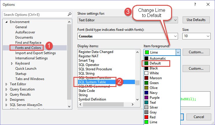 SQL Text Editor settings.