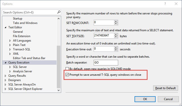 Options tool window in SQL Server Management Studio.