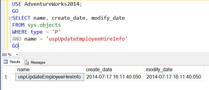 Database objects results window.