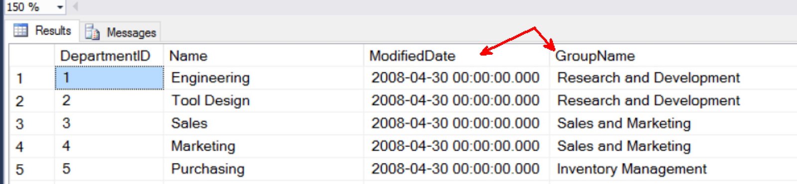 Group name in SQL Server results window.