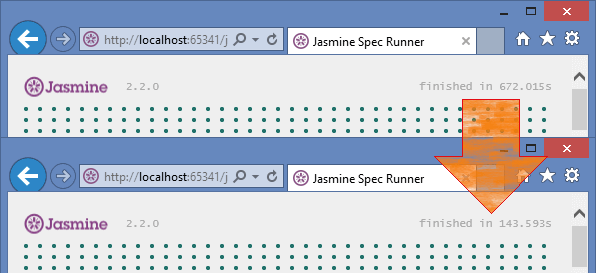 Jasmine Spec Runner displaying execution time comparison.