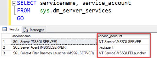 Sql query window showing a query for server accounts.