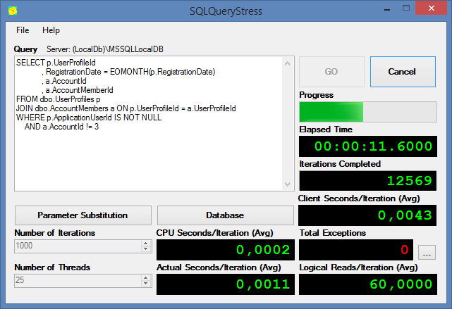 SQLQueryStress Tool Window.