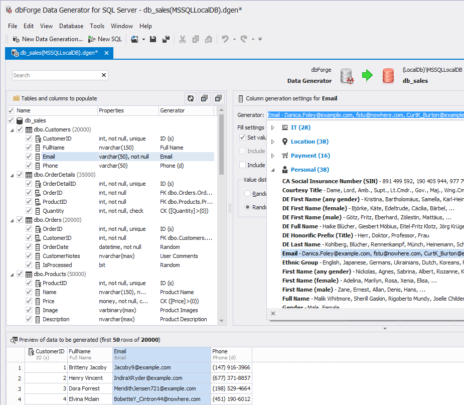 DB forge settings for SQL Server.