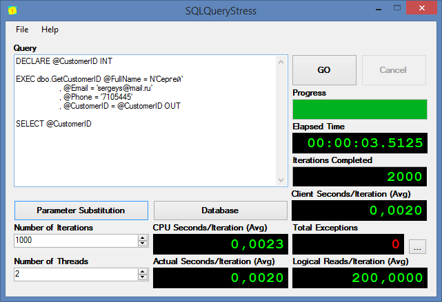 SQLQueryStress tool window.