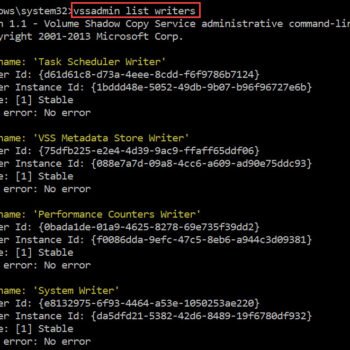 Output of vssadmin list writers tool.