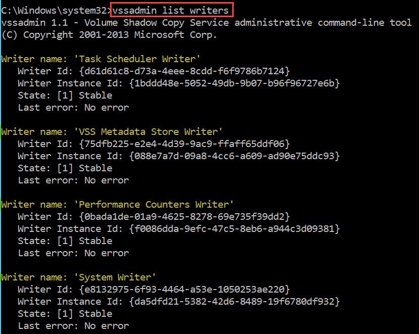 Output of vssadmin list writers tool.