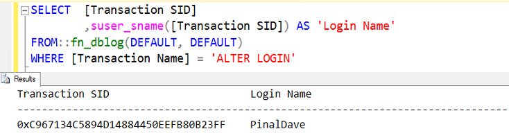 SQL Server Management Studio result window showing transaction SID and login names.