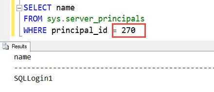 SQL Server sys.server_principals query results window with principal_id 270 highlighted.