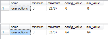 Table showing user options and values.