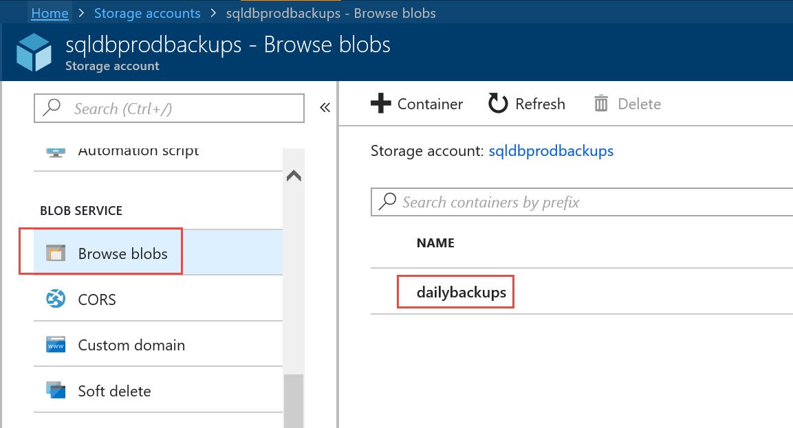 Browse blobs dialog showing dailybackups blob.