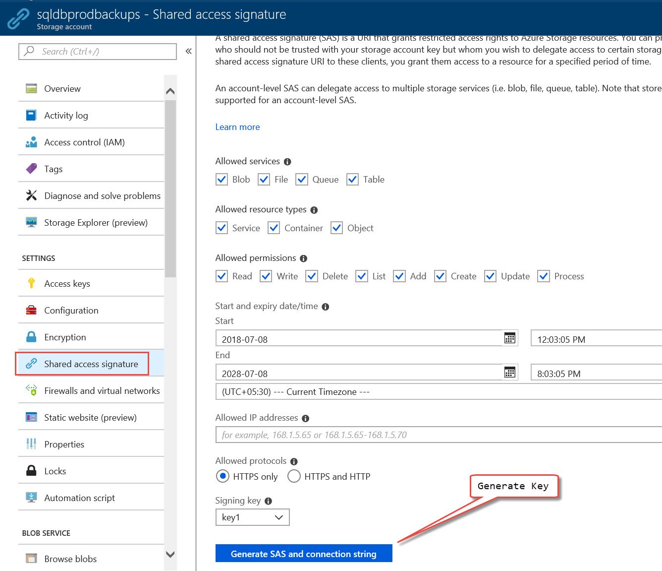 Generate SAS and connection string.