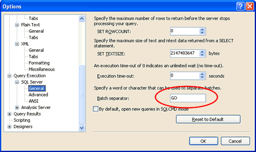 SQL Server query batch separator settings.