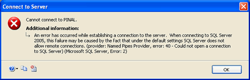 Cannot connect to server error dialog.