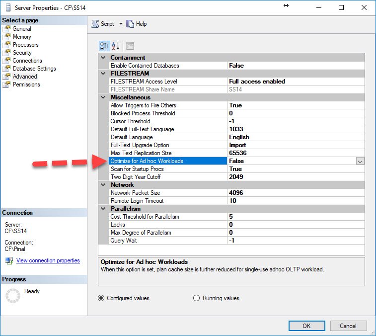 SQL Server Server Properties Window.