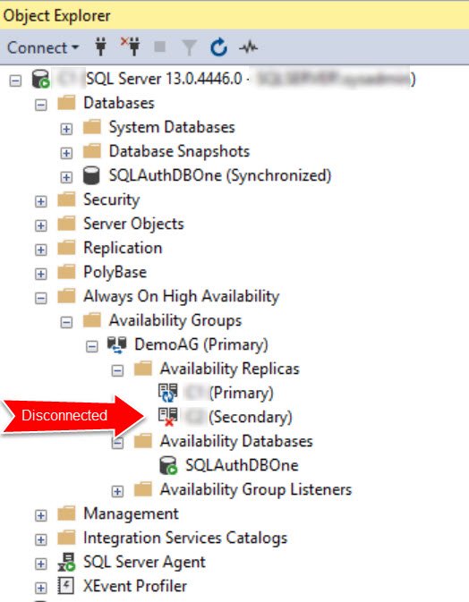 Object Explorer - Always On Replica Disconnected.